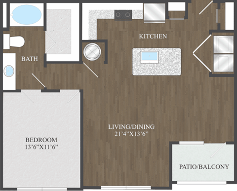 Floor plan for 1 bed, 1 bath, 805 sqft